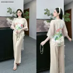 Đồ bộ lam đi chùa latin quần dài áo tay lỡ cổ tròn