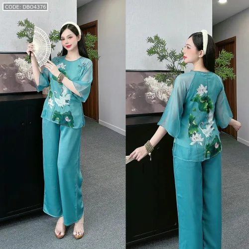 Đồ bộ lam đi chùa latin quần dài áo tay lỡ cổ tròn