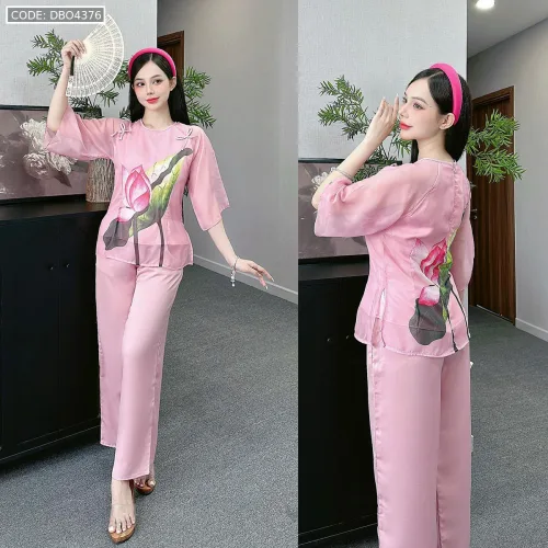 Đồ bộ lam đi chùa latin quần dài áo tay lỡ cổ tròn