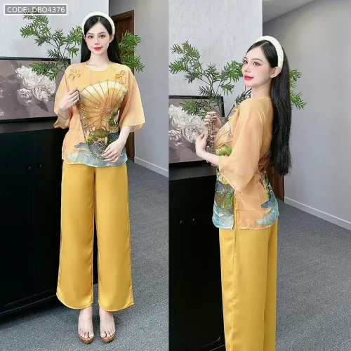 Đồ bộ lam đi chùa latin quần dài áo tay lỡ cổ tròn