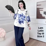 Đồ bộ lam latin quần dài áo tay lỡ cổ tròn size 2