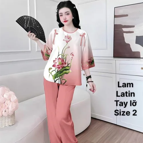 Đồ bộ lam latin quần dài áo tay lỡ cổ tròn size 2