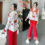 Đồ bộ latin quần dài  áo tay dài cổ v viền có nơ cột