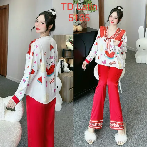 Đồ bộ latin quần dài  áo tay dài cổ v viền có nơ cột