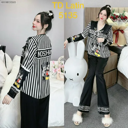 Đồ bộ latin quần dài  áo tay dài cổ v viền có nơ cột