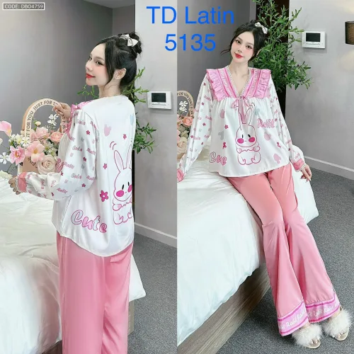Đồ bộ latin quần dài  áo tay dài cổ v viền có nơ cột