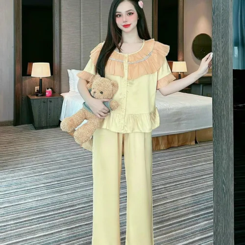 Đồ bộ latin quần dài viền bèo áo tay ngắn bèo cổ viền bèo