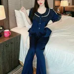 Đồ bộ latin quần dài viền bèo áo tay ngắn bèo cổ viền bèo