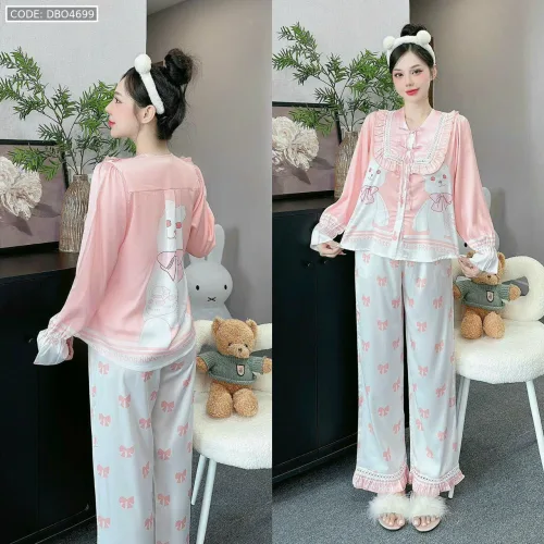 Đồ bộ latin quần dài xoè ống áo tay dài cổ viền có nơ cột