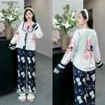 Đồ bộ latin quần dài xoè ống áo tay dài cổ viền có nơ cột