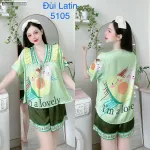 Đồ bộ latin quần đùi áo tay ngắn cô V viền bèo thắt nơ in hình dẽ thương