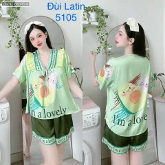 Đồ bộ latin quần đùi áo tay ngắn cô V viền bèo thắt nơ in hình dẽ thương