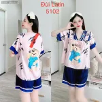 Đồ bộ latin quần đùi áo tay ngắn cô V viền bèo thắt nơ in hình dẽ thương