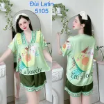 Đồ bộ latin quần đùi áo tay ngắn cô V viền bèo thắt nơ in hình dẽ thương