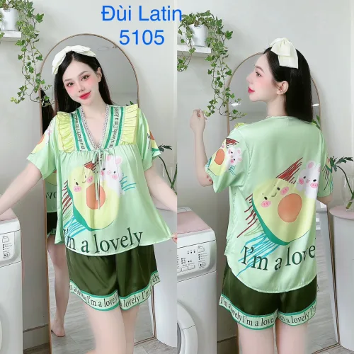 Đồ bộ latin quần đùi áo tay ngắn cô V viền bèo thắt nơ in hình dẽ thương