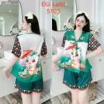 Đồ bộ latin quần đùi áo tay ngắn cô V viền bèo thắt nơ in hình dẽ thương