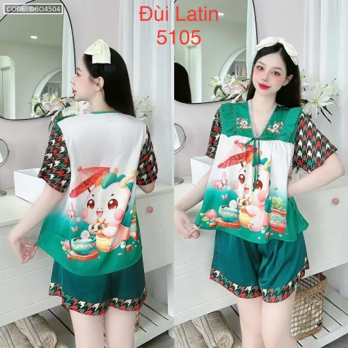 Đồ bộ latin quần đùi áo tay ngắn cô V viền bèo thắt nơ in hình dẽ thương