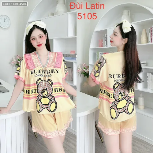 Đồ bộ latin quần đùi áo tay ngắn cô V viền bèo thắt nơ in hình dẽ thương
