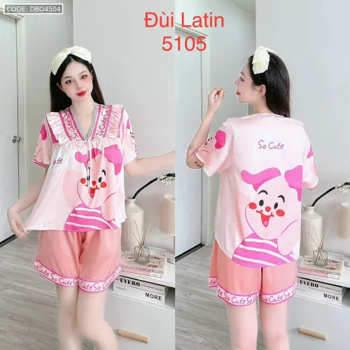 Đồ bộ latin quần đùi áo tay ngắn cô V viền bèo thắt nơ in hình dẽ thương