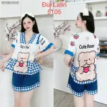 Đồ bộ latin quần đùi áo tay ngắn cô V viền bèo thắt nơ in hình dẽ thương