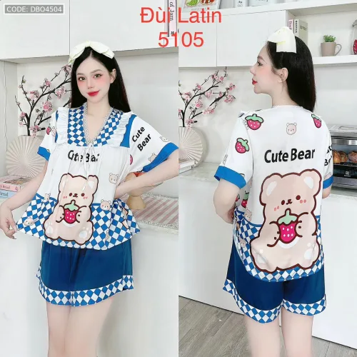 Đồ bộ latin quần đùi áo tay ngắn cô V viền bèo thắt nơ in hình dẽ thương