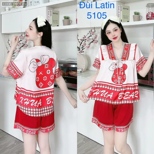 Đồ bộ latin quần đùi áo tay ngắn cô V viền bèo thắt nơ in hình dẽ thương