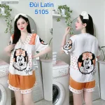 Đồ bộ latin quần đùi áo tay ngắn cô V viền bèo thắt nơ in hình dẽ thương