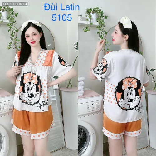 Đồ bộ latin quần đùi áo tay ngắn cô V viền bèo thắt nơ in hình dẽ thương