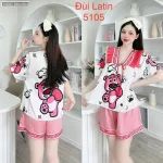 Đồ bộ latin quần đùi áo tay ngắn cô V viền bèo thắt nơ in hình dẽ thương