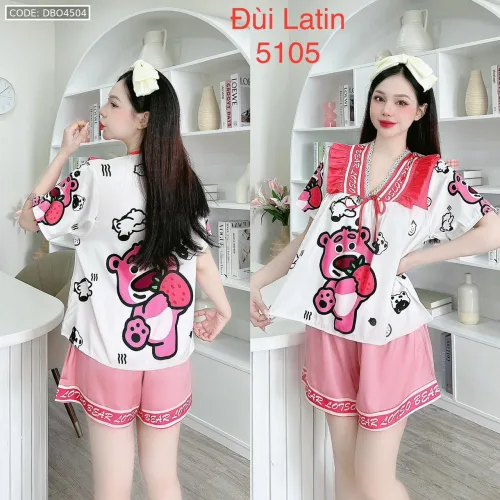 Đồ bộ latin quần đùi áo tay ngắn cô V viền bèo thắt nơ in hình dẽ thương