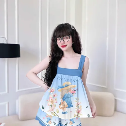 Đồ bộ latin siêu mát mặc nhà quần đùi áo hai dây in hình dể thương