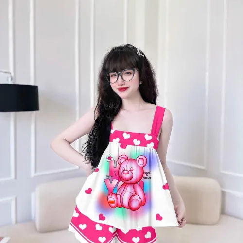 Đồ bộ latin siêu mát mặc nhà quần đùi áo hai dây in hình dể thương