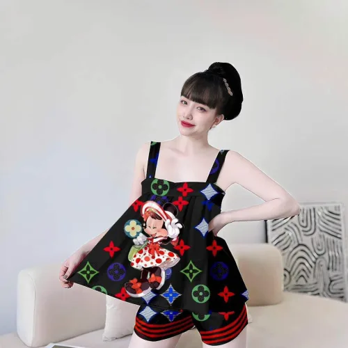 Đồ bộ latin siêu mát mặc nhà quần đùi áo hai dây in hình dể thương