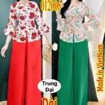 Đồ bộ mặc nhà mango quần dài trơn áo in bông có 2 size