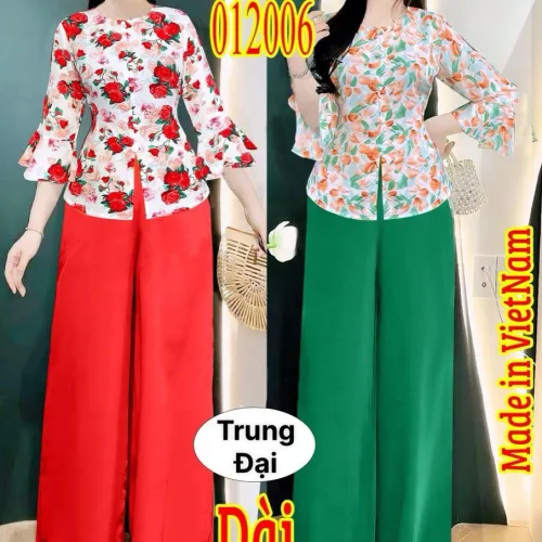 Đồ bộ mặc nhà mango quần dài trơn áo in bông có 2 size