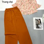 Đồ bộ mặc nhà mango quần dài trơn áo in bông có 2 size