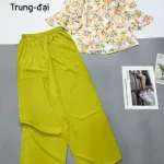 Đồ bộ mặc nhà mango quần dài trơn áo in bông có 2 size