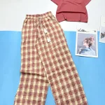 Đồ bộ mặc nhà quần dài caro áo tay ngắn trơn