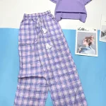Đồ bộ mặc nhà quần dài caro áo tay ngắn trơn