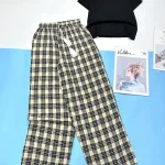 Đồ bộ mặc nhà quần dài caro áo tay ngắn trơn