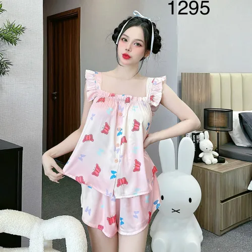 Đồ bộ mặc nhà quần đùi latin áo hai dây bèo in hình dể thương