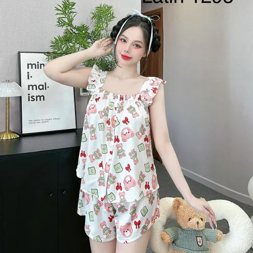 Đồ bộ mặc nhà quần đùi latin áo hai dây bèo in hình dể thương