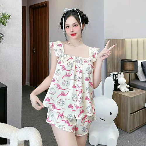 Đồ bộ mặc nhà quần đùi latin áo hai dây bèo in hình dể thương