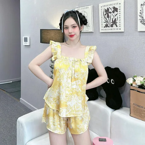 Đồ bộ mặc nhà quần đùi latin áo hai dây bèo in hình dể thương