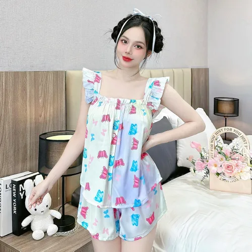 Đồ bộ mặc nhà quần đùi latin áo hai dây bèo in hình dể thương