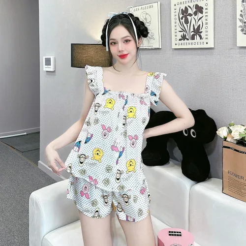 Đồ bộ mặc nhà quần đùi latin áo hai dây bèo in hình dể thương
