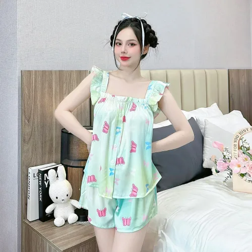Đồ bộ mặc nhà quần đùi latin áo hai dây bèo in hình dể thương