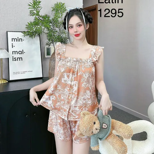 Đồ bộ mặc nhà quần đùi latin áo hai dây bèo in hình dể thương