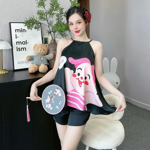 Đồ bộ mặc nhà siêu mát quần đùi latin áo yếm in hình