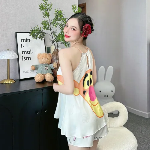 Đồ bộ mặc nhà siêu mát quần đùi latin áo yếm in hình